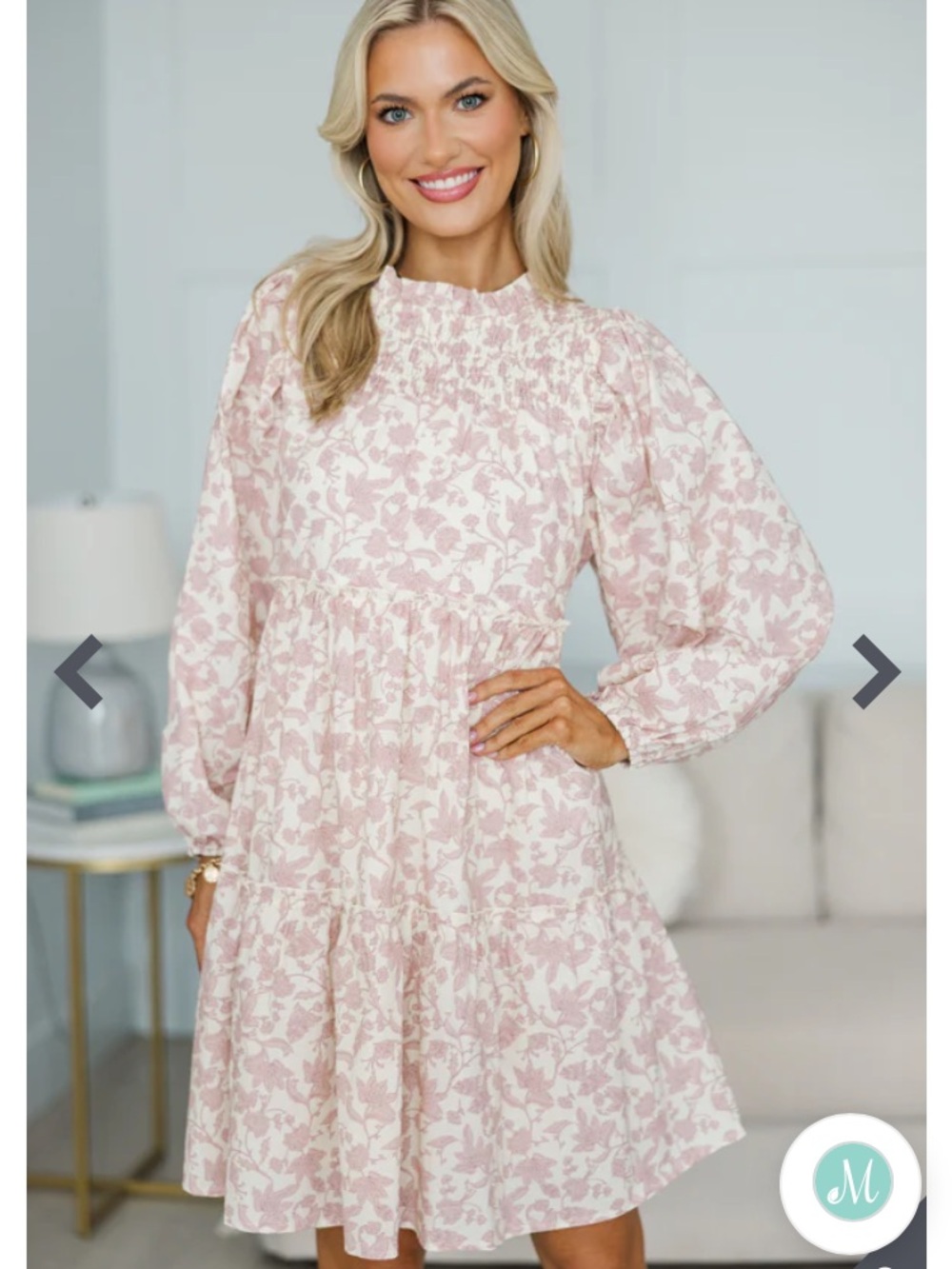 The Mint Pink cream Floral Smocked Yoke Tiered babydoll dress w nursing zippers